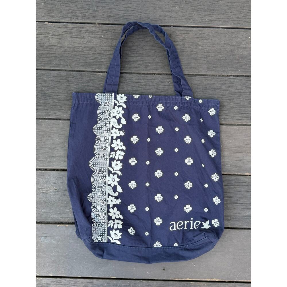 Aerie Navy Blue Bandana Paisley Floral Cotton Tote Bag Y2K Style